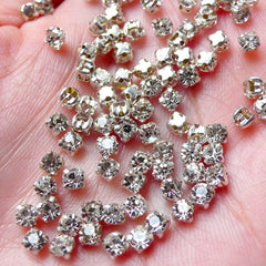 Sew On 3mm Rhinestones (Clear with Silver Setting / 100pcs) Sewing On, MiniatureSweet, Kawaii Resin Crafts, Decoden Cabochons Supplies