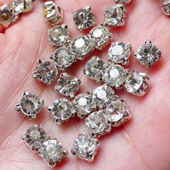 Sew On Glass Rhinestones / 6mm Sewing On Rhinestones (Clear with Silver Setting / 30pcs) Bridal Supply Bling Bling Wedding Decoration RHE081