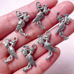 CLEARANCE Stork Charm (6pcs / 18mm x 23mm / Tibetan Silver / 2 Sided) White Stork Ciconia Bird New Born Baby Shower Favor Tag Earring Bracelet CHM812