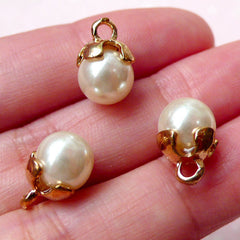 CLEARANCE 8mm Pearl Charms (8mm x 13mm / 3pcs / Gold & Cream) Bracelet Charm Drop Pearl Drops Earrings Jewelry Purse Zipper Pull Add On Charm CHM807