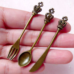 3D Crown Cutlery Charms / Knife Spoon Fork Charm (3pcs / 60mm / Antique Bronze / 2 Sided) Kawaii Miniature Sweets Dollhouse Food CHM822