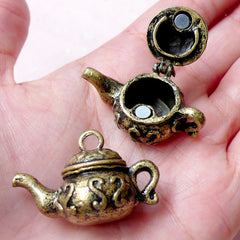 3D Teapot Charm w/ Moveable Lid (1 piece / 35mm x 23mm / Antique Gold / 2 Sided) Dollhouse Miniature Food Kitsch Whimsical Jewelry CHM825