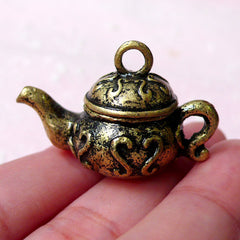 3D Teapot Charm w/ Moveable Lid (1 piece / 35mm x 23mm / Antique Gold / 2 Sided) Dollhouse Miniature Food Kitsch Whimsical Jewelry CHM825