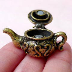 3D Teapot Charm w/ Moveable Lid (1 piece / 35mm x 23mm / Antique Gold / 2 Sided) Dollhouse Miniature Food Kitsch Whimsical Jewelry CHM825