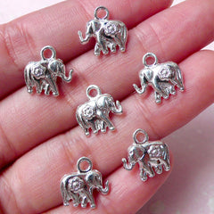 Elephant Charms w/ Flower (6pcs / 12mm x 12mm / Silver / 2 Sided) Kawaii Mini Animal Caparisoned Elephant South East Asia Africa CHM829