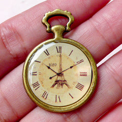 Pocket Watch Charm / Antique Clock Charms w/ Eiffel Tower Pattern (1 piece / 25mm x 35mm / Antique Bronze) Pendant Steampunk Jewelry CHM834