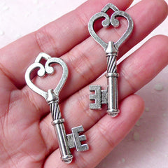 CLEARANCE Silver Heart Key Charms (2pcs / 18mm x 46mm / Tibetan Silver / 2 Sided) Kawaii Key Charm Necklace Pendant Pouch Zipper Pull Keychain CHM840