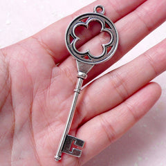 CLEARANCE Big Silver Key Charm (1 piece / 26mm x 77mm / Tibetan Silver / 2 Sided) Flower Key Pendant Necklace Jewelry Zipper Pull Key Fob CHM837