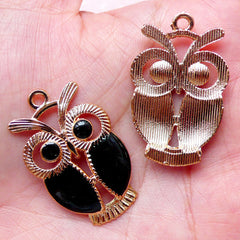 Enamel Owl Charms / Kawaii Bird Charm (2pcs / 22mm x 34mm / Gold & Black) Animal Handbag Charm Pendant Earring Zipper Pull Wine Charm CHM841