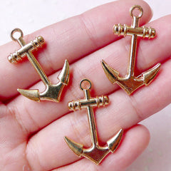 Nautical Anchor Charms (3pcs / 20mm x 29mm / Gold / 2 Sided) Bracelet Connector Sailing Boat Cruising Jewelry Zipper Pull Wine Charm CHM844