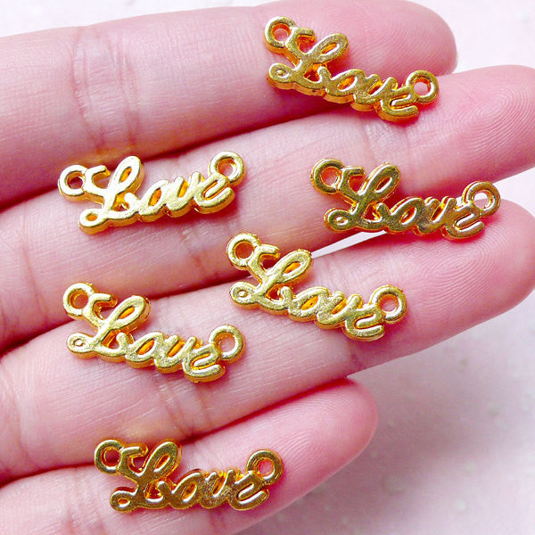 Tiny Love Charm Connector (6pcs / 20mm x 8mm / Gold) Cute Valentines Day Jewellery Necklace Bracelet Supplies Word Message Charm CHM847