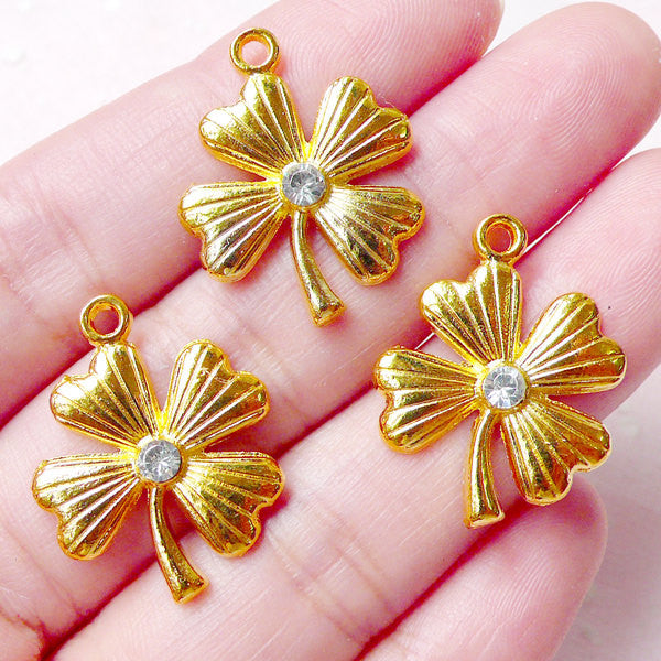 Four Leaf Clover Charms w/ Clear Rhinestones (3pcs / 19mm x 23mm / Gold) Good Luck 4 Leaf Clover Jewelry Bracelet Earrings Pendant CHM850