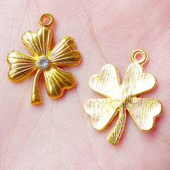 Four Leaf Clover Charms w/ Clear Rhinestones (3pcs / 19mm x 23mm / Gold) Good Luck 4 Leaf Clover Jewelry Bracelet Earrings Pendant CHM850