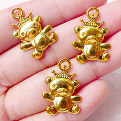 Cute Bear w/ Crown Charm (3pcs / 16mm x 23mm / Gold) Kawaii Animal Jewellery Baby Shower Decoration School Pencil Bag Zipper Pull CHM852