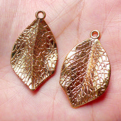 3D Leaf Charm (2pcs / 20mm x 33mm / Gold / 2 Sided) Floral Jewelry Earring Pendant Bracelet Necklace Pouch Zipper Pull Bookmark DIY CHM858
