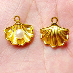 CLEARANCE 3D Seashell Charm w/ Pearl (4pcs / 15mm x 15mm / Gold / 2 Sided) Sea Shell Earrings Beach Bracelet Sealife Pendant Cute Wine Charm CHM860