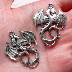 Dragon Charm / Pendant (3pcs / 28mm x 35mm / Tibetan Silver) Gothic Jewellery Fairy Tale Creature Mythology Medieval Knight Fantasy CHM867
