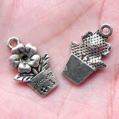 Flower & Flower Pot Charms (7pcs / 12mm x 19mm / Tibetan Silver) Floral Jewellery Cute Jewelry Wine Charm Favor Charm Nature Garden CHM871