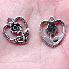 Rose in Heart Charms / Valentines Day Favor Charm (5pcs / 16mm x 18mm / Tibetan Silver) Floral Jewelry Wine Charm Bookmark Charm CHM872