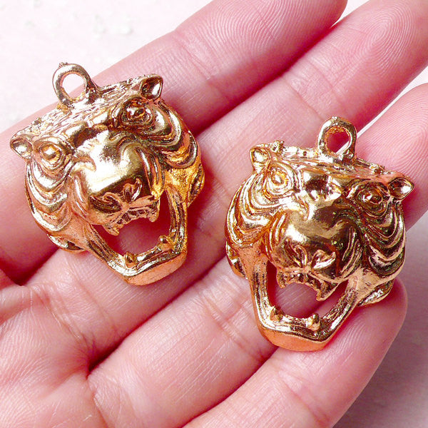 Tiger Head Charms (2pcs / 24mm x 31mm / Gold) Exotic Animal