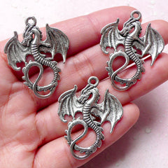 Dragon Charm / Pendant (3pcs / 28mm x 35mm / Tibetan Silver) Gothic Jewellery Fairy Tale Creature Mythology Medieval Knight Fantasy CHM867