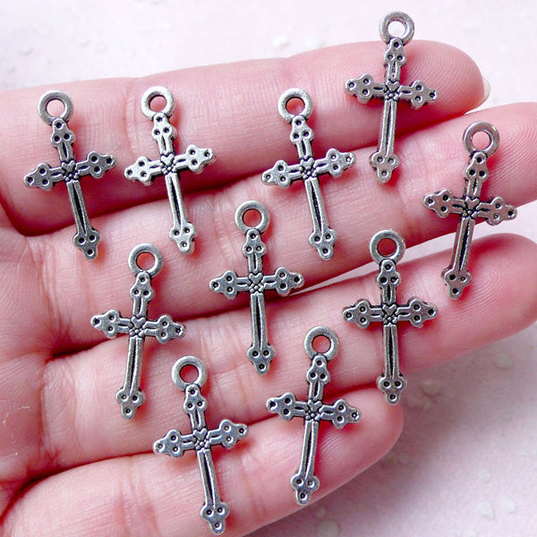 Tiny Latin Cross Charms Christian Charm (10pcs / 12mm x 21mm / Tibetan Silver / 2 Sided) Religious Catholic Mini Christmas Ornament CHM869