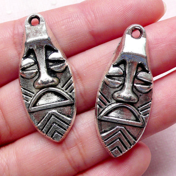 Traditional African Mask Charms (2 pcs / 15mm x 36mm / Tibetan Silver) Ritual Mask Ceremonial Mask Charm Earring Pendant Zipper Pull CHM881
