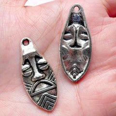 Traditional African Mask Charms (2 pcs / 15mm x 36mm / Tibetan Silver) Ritual Mask Ceremonial Mask Charm Earring Pendant Zipper Pull CHM881