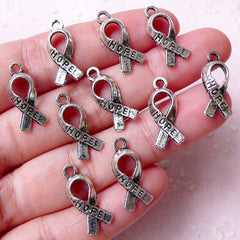 Cancer Awareness Ribbon Charms / Hope Ribbon Charm  (10pcs / 8mm x 18mm / Tibetan Silver) Breast Cancer Ribbon Courage Fight Support CHM904