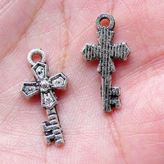 Mini Cross Key Charms (10pcs / 10mm x 20mm / Tibetan Silver) Key Bracelet Pendant Earring Bookmark Charm Wine Charm Favor Charm CHM907