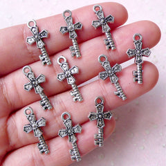 Mini Cross Key Charms (10pcs / 10mm x 20mm / Tibetan Silver) Key Bracelet Pendant Earring Bookmark Charm Wine Charm Favor Charm CHM907