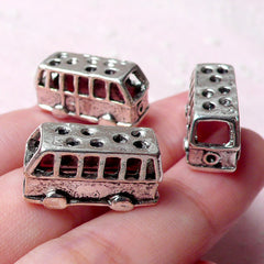 3D Bus Beads (3pcs / 20mm x 10mm / Tibetan Silver / 2 Sided) Miniature Dollhouse Transportation Whimsical Bracelet Necklace Pendant CHM918