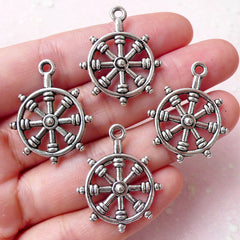 Ship Wheel / Boat Wheel Charms (4pcs / 22mm x 28mm / Tibetan Silver / 2 Sided) Nautical Bracelet Connector Sail Yacht Cruising Boat CHM921