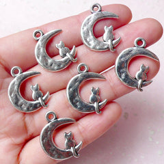 CLEARANCE Moon with Cat Charms Luna Charm Crescent New Moon Charm (6pcs / 18mm x 23mm / Tibetan Silver / 2 Sided) Cute Animal Jewelry Pendant CHM954