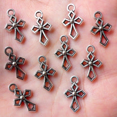 Tiny Cross Charm / Christian Charms (10pcs / 10mm x 17mm / Tibetan Silver / 2 Sided) Religious Catholic Jewellery Pendant Bracelet CHM966