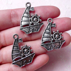 CLEARANCE Pirate Boat Charms / Sailing Yacht Charm (3pcs / 22mm x 28mm / Tibetan Silver) Sail Cruising Ship Nautical Jewellery Wine Glass Charm CHM987