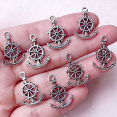 Boat Wheel / Ship Wheel & Anchor Charms (8pcs / 14mm x 20mm / Tibetan Silver) Nautical Wine Glass Charm Bracelet Yacht Club Jewellery CHM997