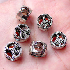 Peace Sign Beads / Hippie Bead (6pcs / 11mm x 7mm / Tibetan Silver / 2 Sided) Big Large Hole Bead Leather Bracelet Necklace Jewelry CHM1007