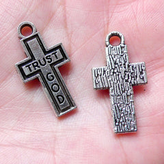 CLEARANCE Trust God Cross Charm / Catholic Charms (2pcs / 13mm x 24mm / Tibetan Silver) Religious Christian Jewellery Pendant Bracelet Necklace CHM991
