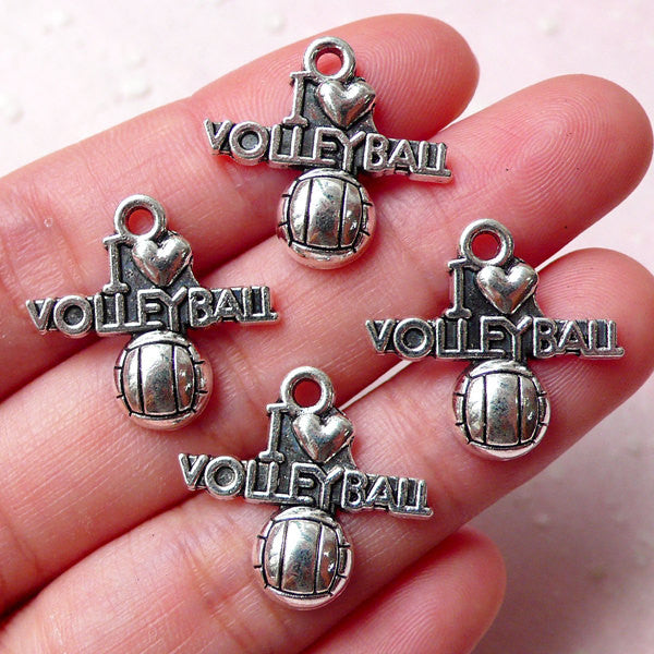 CLEARANCE I Love Volleyball Charms Sports Charm (4pcs / 21mm x 19mm / Tibetan Silver) Zipper Pull Bookmark Keychain Bag Charm Bracelet Pendant CHM1010