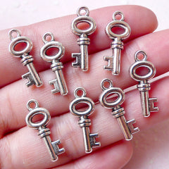 Tiny Silver Key Charm (8pcs / 8mm x 20mm / Tibetan Silver / 2 Sided) Small Door Key Necklace Pendant Favor Bookmark Charm Bracelet CHM1062