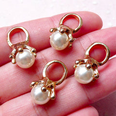 CLEARANCE Pearl Drop / 3D Ring Charm with ABS Pearl (4pcs / 11mm x 20mm / Gold & Cream) Cute Jewelry Zipper Pull Charm Bracelet Wine Charm CHM1049