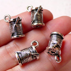 Spool of Thread w/ Sewing Needle Charms (4pcs / 10mm x 15mm / Tibetan Silver) Seamstress Sewer Tailor Charm Mother Bracelet Pendant CHM1069