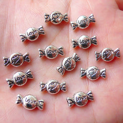 Miniature Taffy Candy Beads (13pcs / 11mm x 6mm / Tibetan Silver / 2 Sided) Kawaii Dollhouse Sweets Bead Whimsical Jewelry Bracelet CHM1095