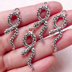 CLEARANCE 3D Silver Snake Charms (4pcs / 11mm x 34mm / Tibetan Silver / 2 Sided) Reptile Charm Animal Necklace Bracelet Zipper Pull Wine Charm CHM1115