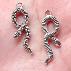 CLEARANCE 3D Silver Snake Charms (4pcs / 11mm x 34mm / Tibetan Silver / 2 Sided) Reptile Charm Animal Necklace Bracelet Zipper Pull Wine Charm CHM1115
