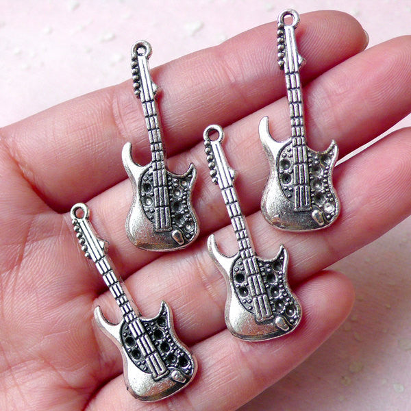 Electric Guitar Charms (4pcs / 13mm x 37mm / Tibetan Silver