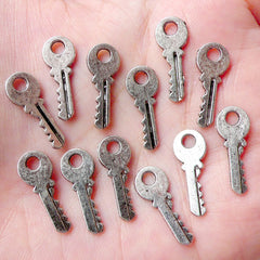 Tiny Key Charms (15pcs / 6mm x 16mm / Tibetan Silver / 2 Sided) Kawaii, MiniatureSweet, Kawaii Resin Crafts, Decoden Cabochons Supplies