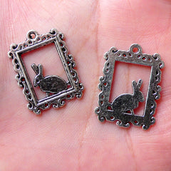 Rabbit and Frame Charms Picture Charm (5pcs / 18mm x 24mm / Tibetan Silver) Cute Whimsical Animal Jewelry Stamp Photo Frame Pendant CHM1142