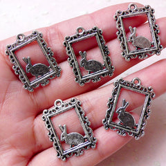 Rabbit and Frame Charms Picture Charm (5pcs / 18mm x 24mm / Tibetan Silver) Cute Whimsical Animal Jewelry Stamp Photo Frame Pendant CHM1142